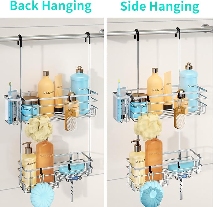 HapiRm Hanging Shower Caddy Organizer - No Drilling Shower Shelves with Hooks and Toothbrush Holder, Rustproof 304 Stainless Steel Bathroom Organizer - Silver - Image 3