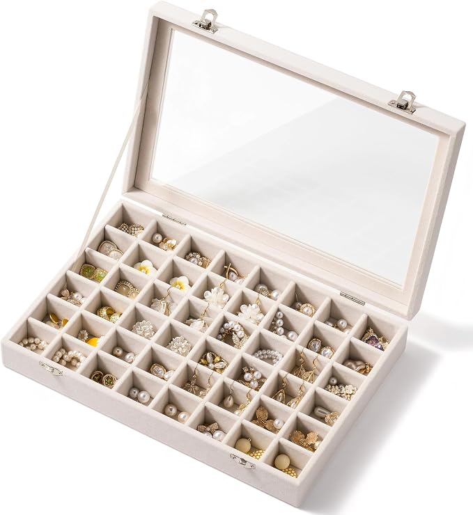48 Grid Earring Organizer and Storage: Velvet Jewelry Tray with Lid, Jewelry Box for Studs, Earrings, Rings, Necklaces, Dresser & Vanity, Earrings Case for Girls, Women, 13"x8.6"x2.4", Beige by Josmimic