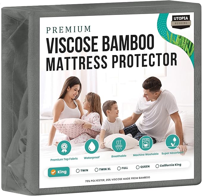 Utopia Bedding Premium Waterproof King Size Mattress Protector, Viscose Made from Bamboo Mattress Cover, Breathable, Fitted Style with Stretchable Pockets (Gray)