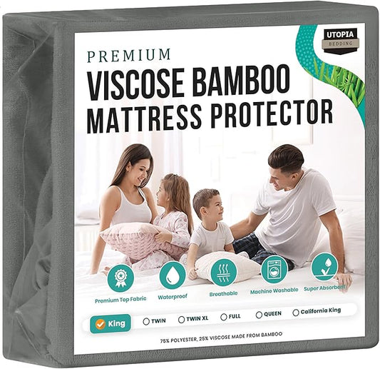 Utopia Bedding Premium Waterproof King Size Mattress Protector, Viscose Made from Bamboo Mattress Cover, Breathable, Fitted Style with Stretchable Pockets (Gray)