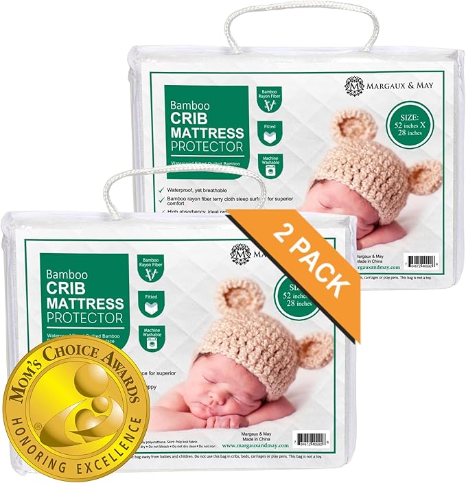 Margaux & May Crib Mattress Protector, 2 Pack – 100% Waterproof Baby Crib Mattress Protector Pad, Highly Absorbent Quilted Cover, Oeko-TEX® Certified, Noiseless, Fitted 28" x 52" Standard Crib Fit