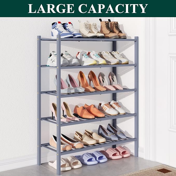 Smiry Bamboo Shoe Rack for Closet, 5 Tier Wooden Stackable Shoe Organizer, Free Standing Shoes Storage Shelf for Entryway, Front Door Entrance, Grey - Image 5