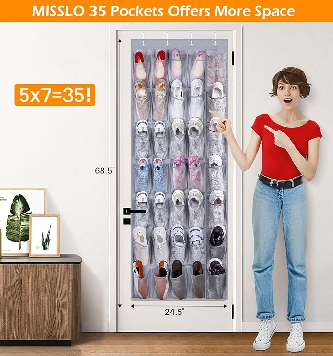 MISSLO 35 Large Pockets Over The Door Shoe Organizer Sturdy Oxford Fabric Hanging Shoe Rack for Door Mesh Closet Shoe Holder Hanger, Grey - Image 2