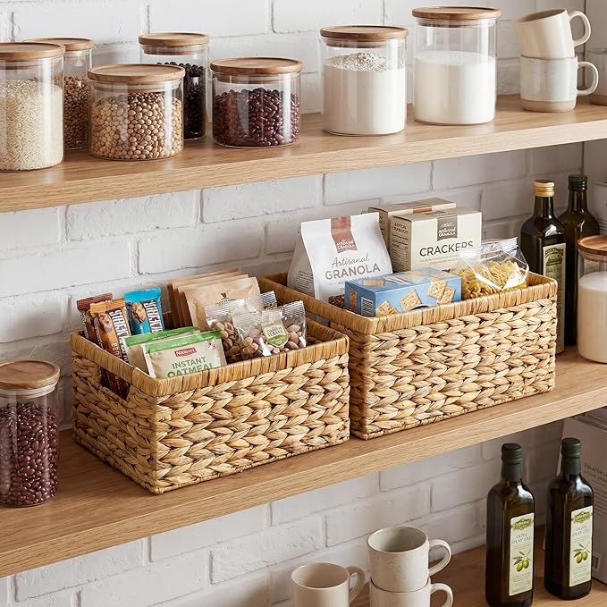 StorageWorks Wicker Storage Baskets, Handwoven Water Hyacinth Basket for Organizing, Decorative Organizers with Built-in Handles, Set of 2 - Image 2