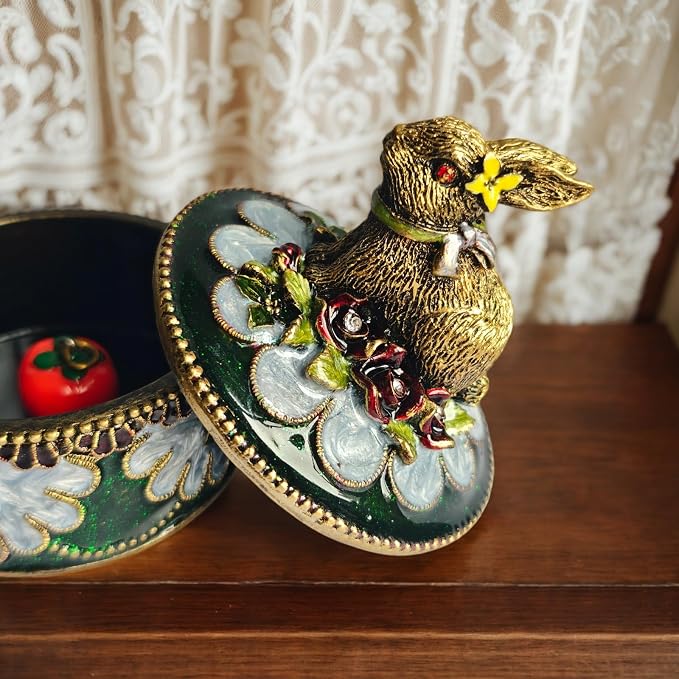 Handcrafted Rabbit Jewelry Box, Antique Gold Finish with Enamel Accents, Vintage Trinket Box for Rings and Small Keepsakes, Decorative Bunny Figurine Ornament - Image 7