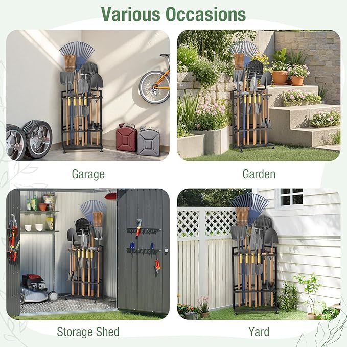 Garden Tool Organizer for Corner,Metal Yard Tool Organizer for Long-Handled Tools/Rakes/Brooms,Side Garden Pocket,Heavy Duty Steel Yard Tool Storage Rack for Garage,Shed, Outdoor - Image 6