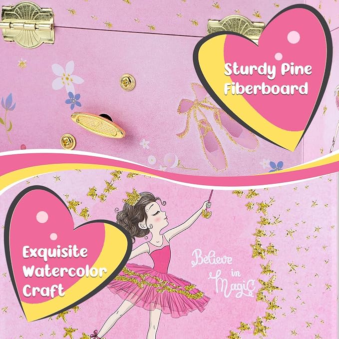 Girls' Musical Jewelry Box Organizer with Jewelry Set - glittering pink Spinning Ballerina Theme, Swan Lake Tune - Jewelry Storage and Music Box for Girls - Image 6