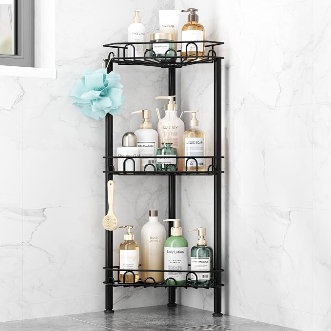 SWTYMIKI Standing Shower Caddy Corner - 3‑Tier Stainless Steel Shower Organizer Shelf with 12 Hooks and Adhesive Pads, Rustproof Corner Shelves Stand Rack for Bathroom Shower Room, Black by SwtyMiki-TidyHomeSweetLife
