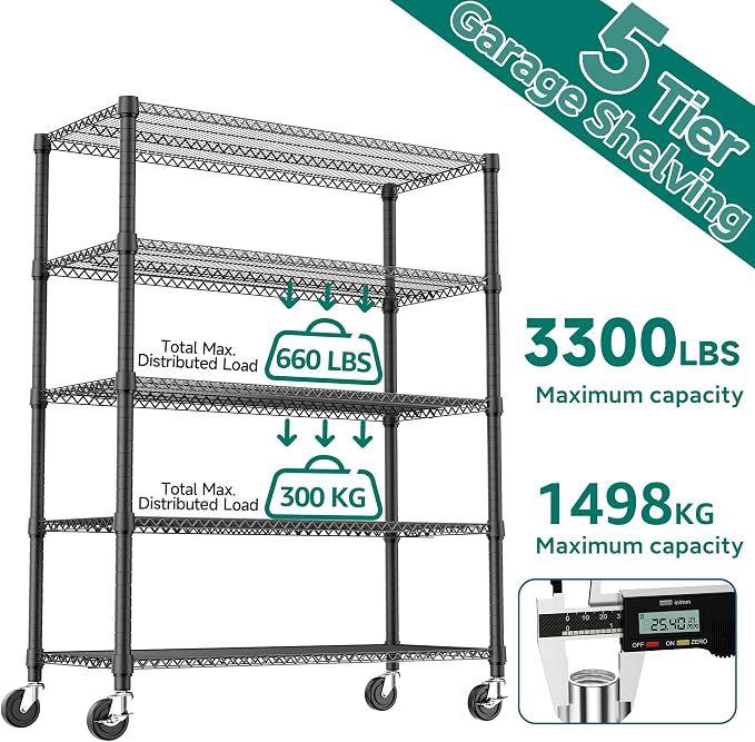 M MZG 3300LBS 53.1" W 5 Tiers Shelf Steel Storage Shelving Utility Shelving Unit Steel Organizer Wire Rack for Home,Kitchen,Office,Garage Black 23.6" D x 53.1" W x 73.6" H - Image 4