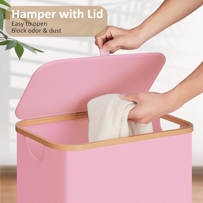 Vincona Slim Laundry Basket with Lid, Narrow Dirty Clothes Hampers for Laundry with Handle, Skinny Laundry Bin for Laundry Room, Dorm, Bedroom and Bathroom, 19.8 Gallon (75L) Pink - Image 2