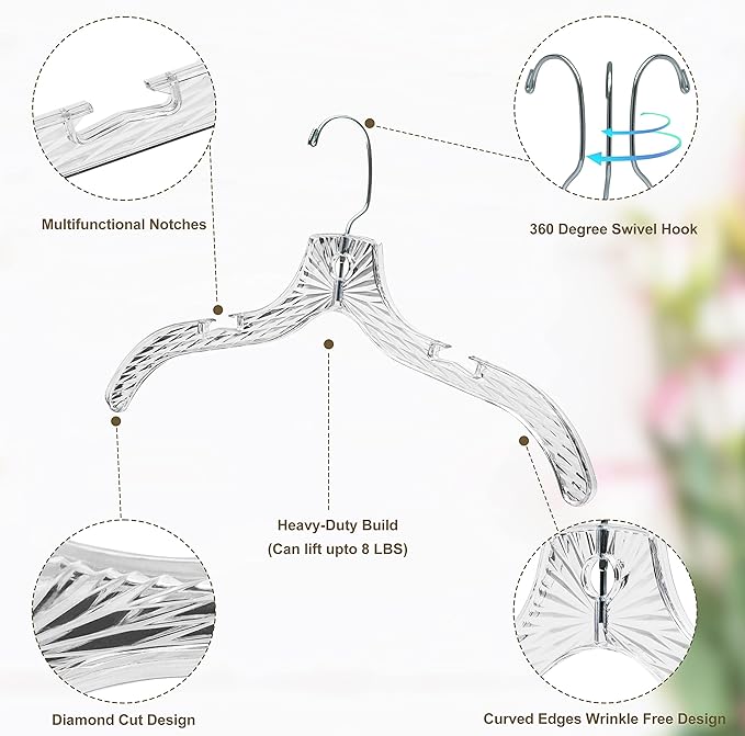 Quality Clear Plastic Hangers 12 Pack - Durable Crystal Cut Heavy Duty Hangers for Clothes, Shirts, Suits, Coats, Dresses - Image 3