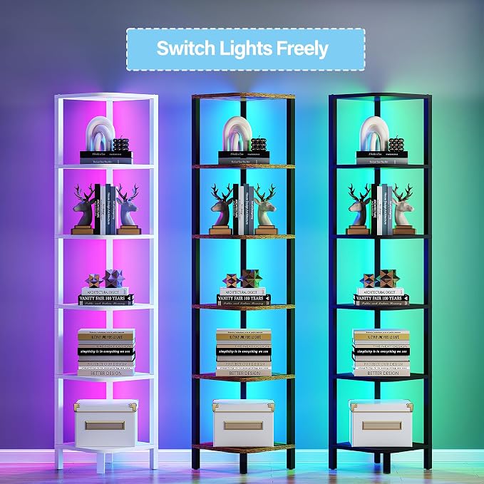 TUTOTAK Corner Shelf with LED Light, 6-Tier Corner Bookshelf for Small Space, Narrow Display Corner Shelf Stand with Storage Rack, for Living Room, Bedroom, Black BS08BK006L - Image 4