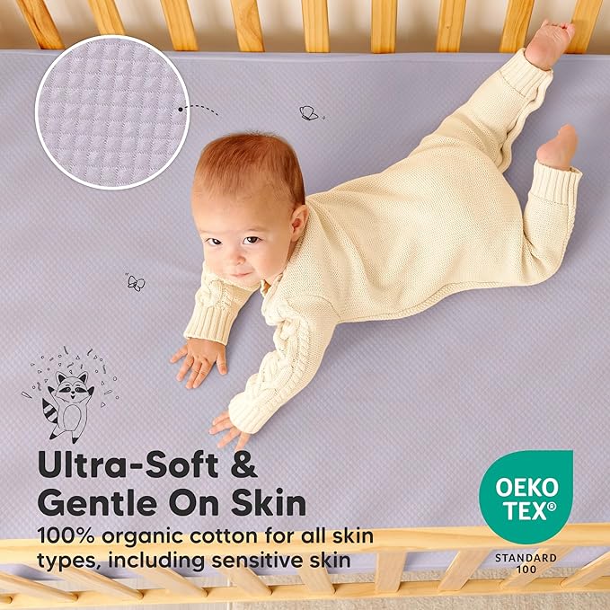 2-Pack Waterproof Crib Mattress Protector Cover Fitted - Quiet Baby Crib Mattress Pad Sheets, 52" x 28" Soft Quilted Cotton Baby Sheet, Machine Washable, Easy Fit, Durable (Lilac/Quin)