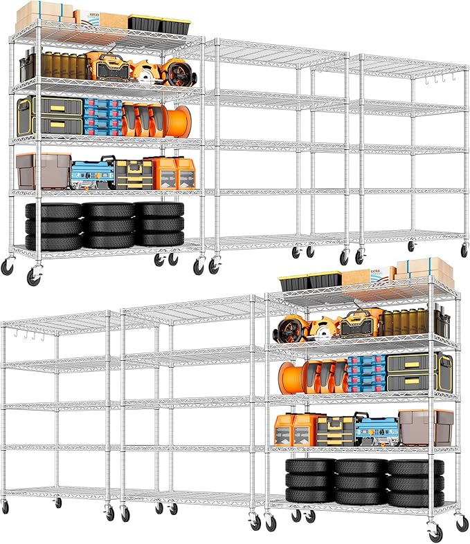 PrimeZone 5 Tier 48" Wx24''Dx81''H Wire Shelving with Wheels 3000lbs NSF Storage Shelves Heavy Duty Metal Shelf Adjustable Rolling Rack Commercial Garage Restaurant Warehouse Kitchen Chrome 6Pack by PrimeZone