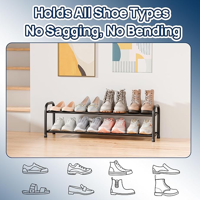 ENJOYBASICS 2 Tier Expandable Shoe Rack for Closet, Free Standing Metal Shoe Shelf Storage Organizer Holder 8 Pairs, Adjustable Width Shoe Rack for Entryway Small Space, Black - Image 6