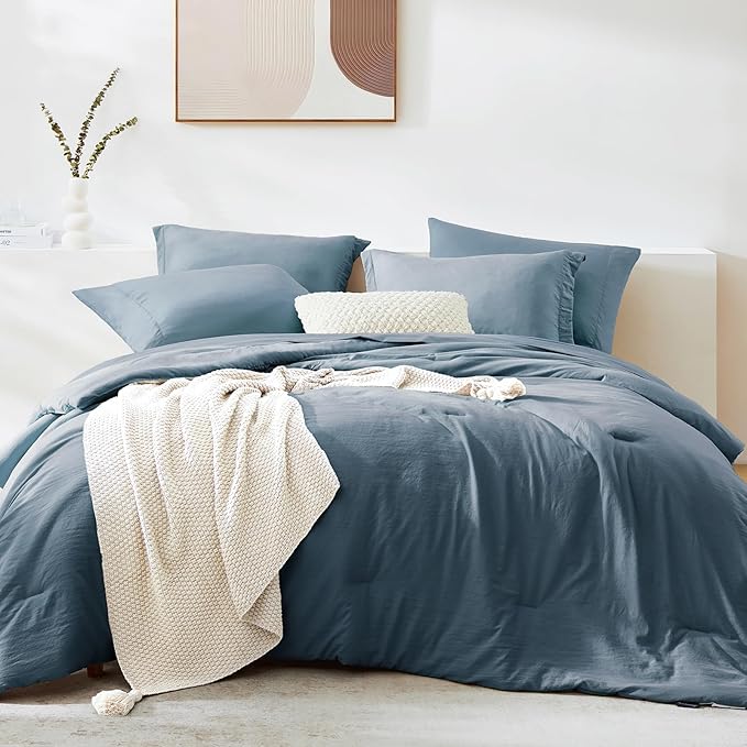 WRENSONGE Full Size Comforter Sets, 7 Pieces Oxford Blue Bed in a Bag with Fitted Sheet, Flat Sheet, 2 Pillow Shams, 2 Pillowcases, Warm Bedding Sets for All Season