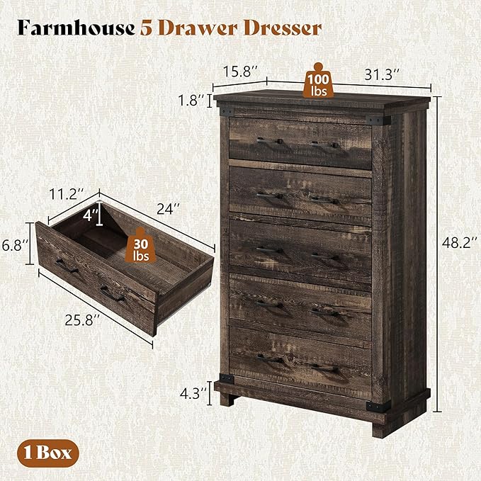 AMERLIFE 5 Pieces Farmhouse Bedroom Set, Includes Rustic Full Bed Frame with 54" Tall Headboard, 6 Drawer Dresser, 5 Drawer Tall Chest, Nightstands Set of 2 with Charging Station, Black Oak