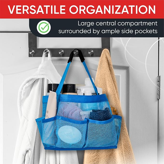 Masirs Mesh Shower Caddy – 9 Pocket Portable Shower Tote Bag for College Dorm Room Essentials, Quick-Dry Bathroom Organizer for Travel, Gym, Camping, Beach – Lightweight Collapsible Blue - Image 6