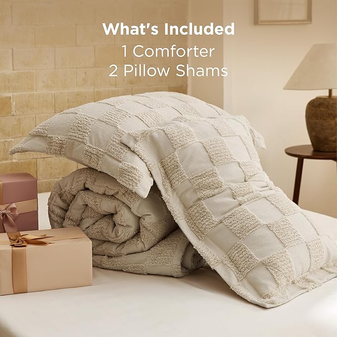 Bedsure California King Size Comforter Set Beige, Boho Tufted Bed Set, Checkered Farmhouse Shabby Chic Bedding, 3 Pieces, 1 Plaid Geometric Comforter and 2 Pillow Shams