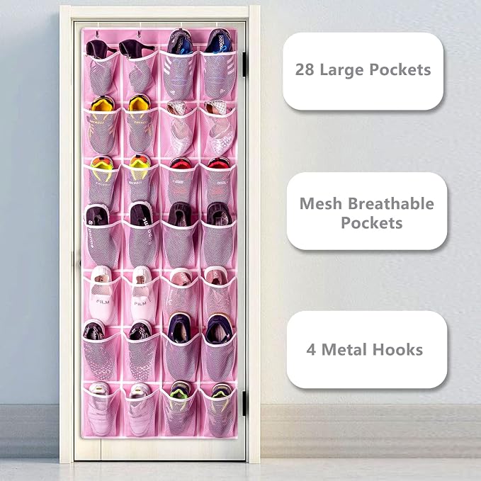 KEEPJOY 28 Pocket Over The Door Shoe Organizer, 2Pack Hanging Shoe Organizer for Door, Hanging Door Shoe Holder Rack with Mesh Pockets Large Size 65 x 23 inch (Pink-2Pack) - Image 5