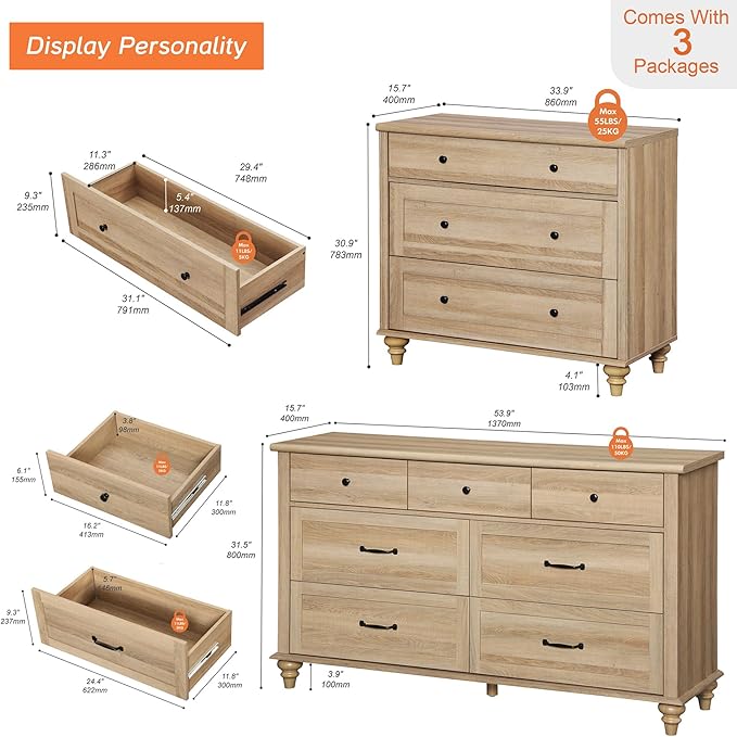 WAMPAT 3 Piece Bedroom Set - Includes Farmhouse 7 Drawer Dresser, Set of 2 Bedside Tables with 3 Drawers, 3 Piece Dresser and Nightstand Sets, Oak