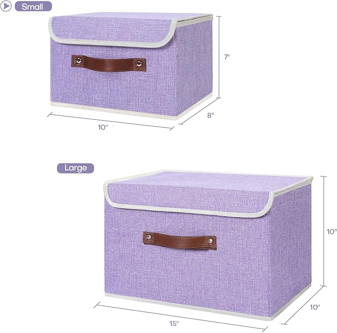 ANMINY 2PCS Storage Bins with Lid PU Leather Handles Storage Boxes PP Plastic Board Decorative Foldable Lidded Cotton Linen Fabric Home Cubes Baskets Closet Organizer Containers - Purple, Small Size - Image 5