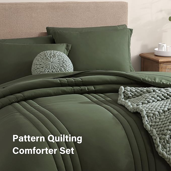 Monbix Oversized Queen Size Comforter Set - 7 Pieces Bed in a Bag, Olive Green Bedding Sets with Comforter, All Seasons Comforter Bed Set with Sheets, Pillowcases & Shams