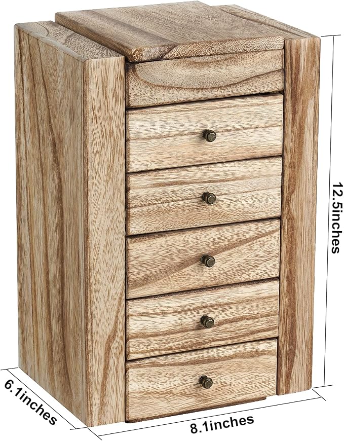 Meangood Jewelry Box Wood for Women, 6-Layer Large Organizer Box with Mirror & 5 Drawers for Rings, Earrings, Necklaces, Vintage Style, Carbonized Black - Image 6