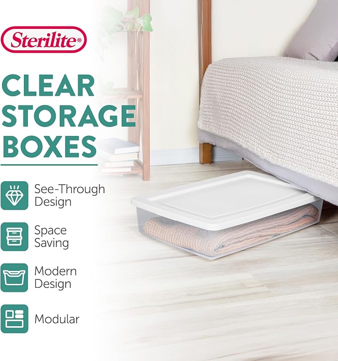 Sterilite 6 Pack Storage Box, 41 Quart Stackable Tote, Clear Plastic Container with Secure Snapping Lids for Home and Office Organization, White - Image 3
