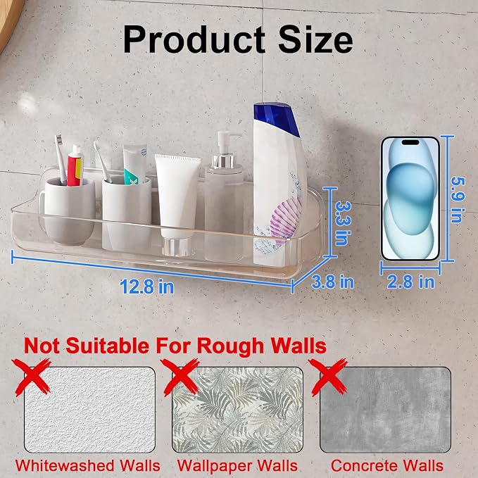 Diesisa Acrylic Wall Mounted Shower Caddy, Clear, Large Size 4D x 12.8" W x 3.3" H, Acrylic Shelf, No Drilling Walls Adhesive Shelf, Bathroom Shelves with Self Adhesive Tape for Bathroom, Kitchen - Image 2