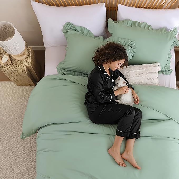 JANZAA Full Size Comforter Sage Green 3PCS 1 Ruffled Comforter Set and 2 Pillow Cases Fluffy Vintage Farmhouse Shabby Chic Bedding Soft All Season
