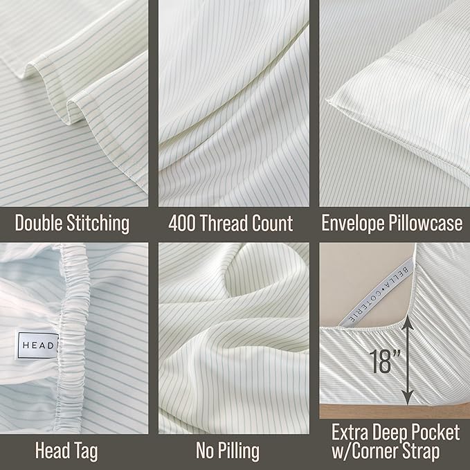 Bella Coterie Luxury Bamboo Viscose King Size Sheet Set | 100% Organically Grown | Ultra Soft | Cooling for Hot Sleepers | 18" Deep Pocket [Striped Coastal Blue]