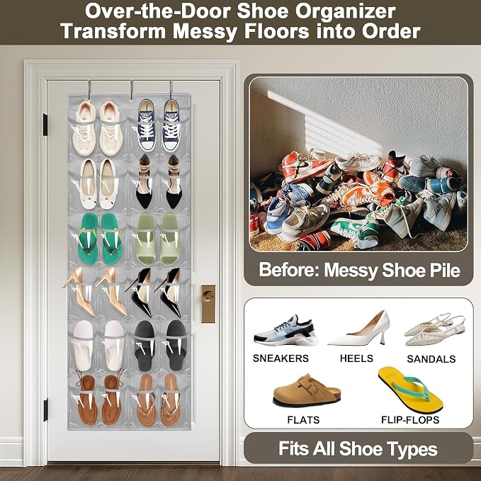 Over The Door Shoe Organizer - Space Saving Shoe Rack for Closet Door with 24 Crystal Clear Pockets and Metal Hooks, Shoe Holder Back of Door Organizers for Shoes, Gray Hanging Shoe Organizer (Gray) - Image 2