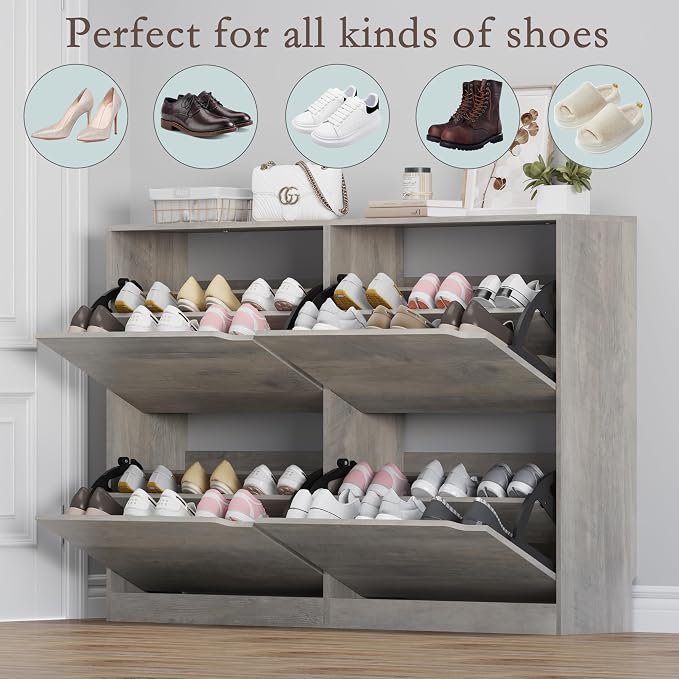 BORNOON Shoe Cabinet with 4 Flip Drawers, Narrow Hidden Shoe Storage Cabinet, Slim Freestanding Shoe Rack Organizer for Entryway, Hallway, Bedroom, Living Room - Image 4