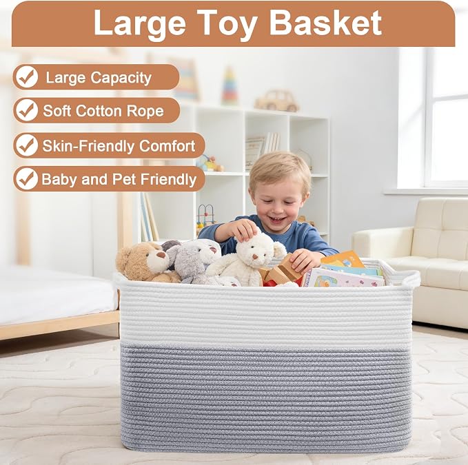 105L XXXL Large Blanket Basket, Rectangular Cotton Rope Basket, Laundry Hamper for Blankets, Pillows, Extra Large Toys Storage Bins for Kids, Dogs 25" x 16" x 16", White & Gray - Image 4