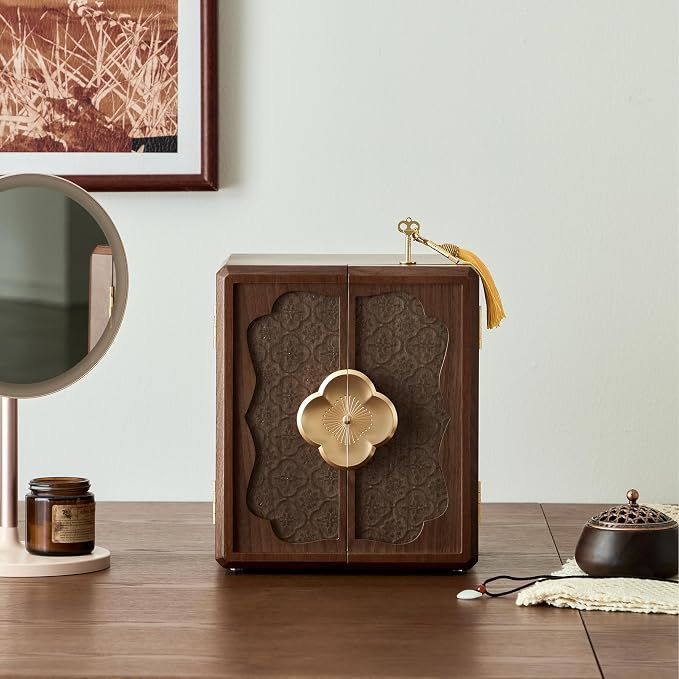 Lockable Walnut Jewelry Box with Key, 5-Layer Jewelry Organizer Storage Box for Necklaces, Rings, Earrings & Bracelets - Mothers Day Gifts for Mom - Image 8
