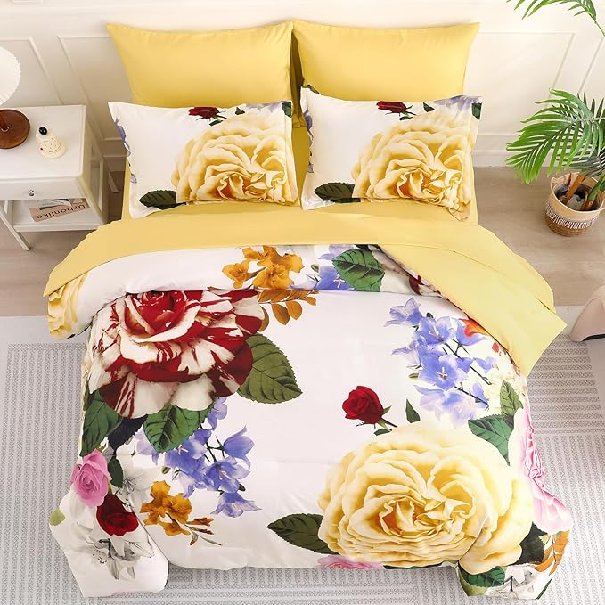 Drucon Yellow Floral Comforter Queen Size 7 Pieces Bedding Sets Bed in a Bag, Botanical Floral Comforter with Sheet Set, Soft Microfiber Bedding Set for All Season(Yellow, 90"x90")