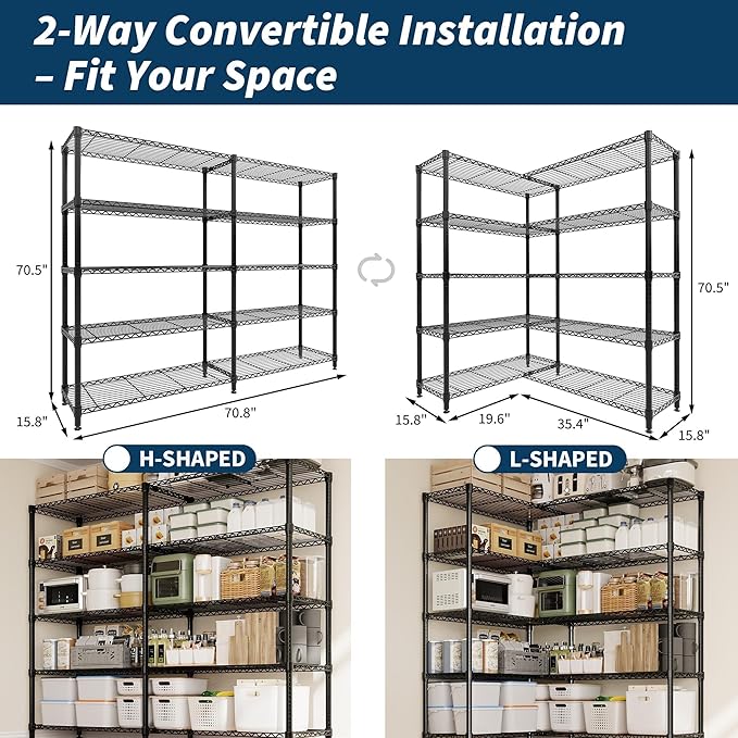 Garvee 71"Wide Storage Shelves Metal Shelving Units 5 Tier, Wire Shelving Rack 1325LBS Heavy Duty Adjustable for Storage, 71"W x 15.8"D x 70.5"H Standing Shelf Unit, for Kitchen Garage Pantry Basement - Image 3