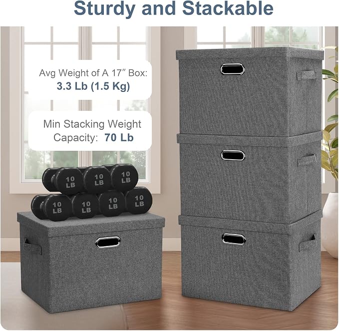 Graciadeco Large 17" 36 Quart Collapsible Stackable Storage Bins with Lids, 1 Pack Grey Foldable Fabric Closet Storage Boxes with Lids, 4 Handles Heavy-duty Linen Cube Baskets for Bedroom - Image 4