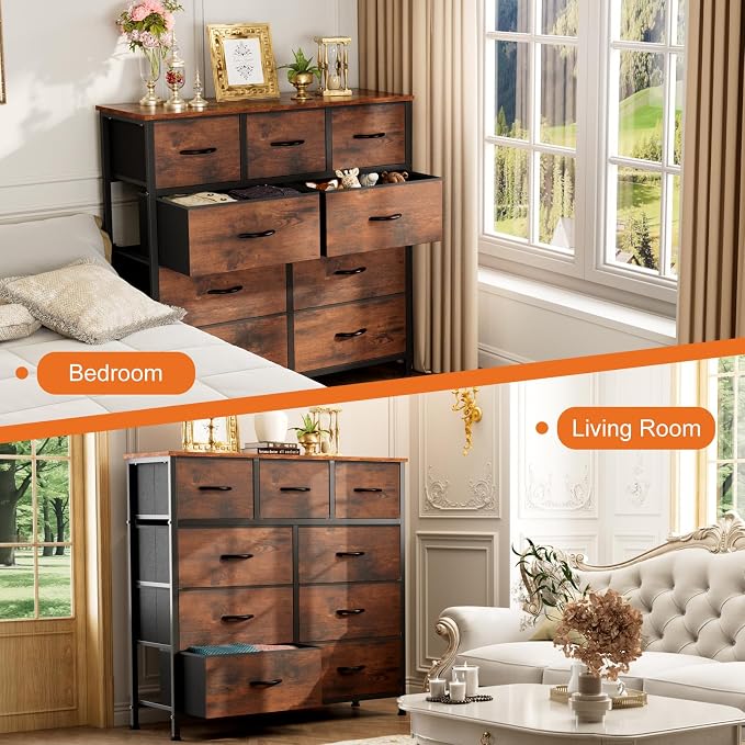 Sweetcrispy 9-Drawer Fabric Dresser Storage Tower with Wood Top and Steel Frame, Organizer Chest with Easy Pull Handles for Bedroom, Closet, Hallway,Distressed Brown - Image 7