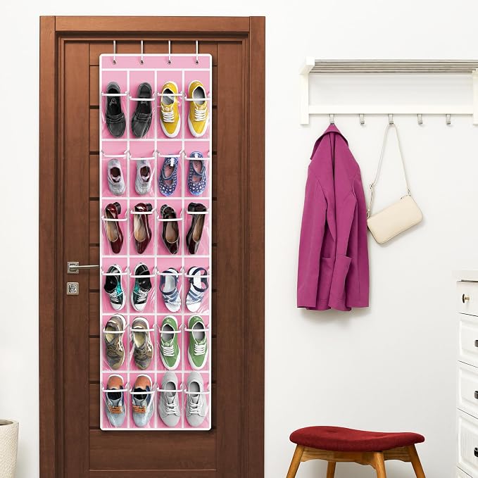 Simple Houseware 24 Pockets - Crystal Clear Over The Door Hanging Shoe Organizer, Pink (64'' x 19'') - Image 6