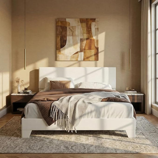 SHA CERLIN Queen Size Bed Frame with Adjustable Headboard, Faux Leather Upholstered Platform Bed with Wood Slats, Stable Mattress Foundation,No Box Spring Needed, Off-White
