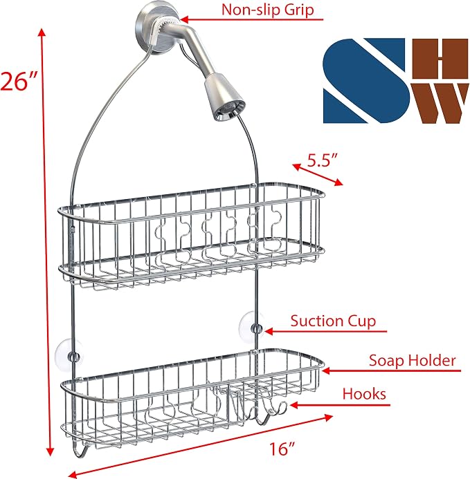 Simple Houseware Bathroom Hanging Shower Head Caddy Organizer, Chrome (26 x 16 x 5.5 inches) - Image 3