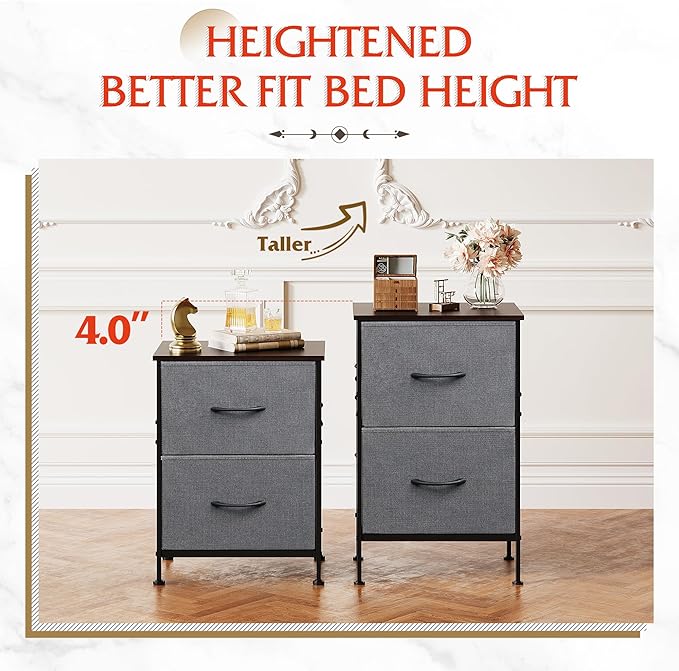 WLIVE Night Stand Set 2, Dresser and Nightstand Sets, Nightstands for Bedroom with 2 Fabric Drawer, End Tables Bedroom Furniture Set, Closet, College Dorm, Dark Grey