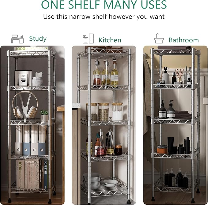 GIOTORENT 5 Tier Standing Shelving Metal Units, Adjustable Height Wire Shelf Display Rack for Laundry Bathroom Kitchen 11.8 W x 11.8 D x 50 H (5-Tier, Grey, Matte/Glossy Finish) - Image 6