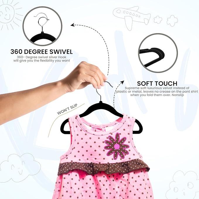 Utopia Home Kids Velvet Hangers 20 Pack – 11 Inch Non-Slip Baby Hangers for Baby and Toddlers, Durable Ultra-Slim Space-Saving Closet Organizers (Black) - Image 4
