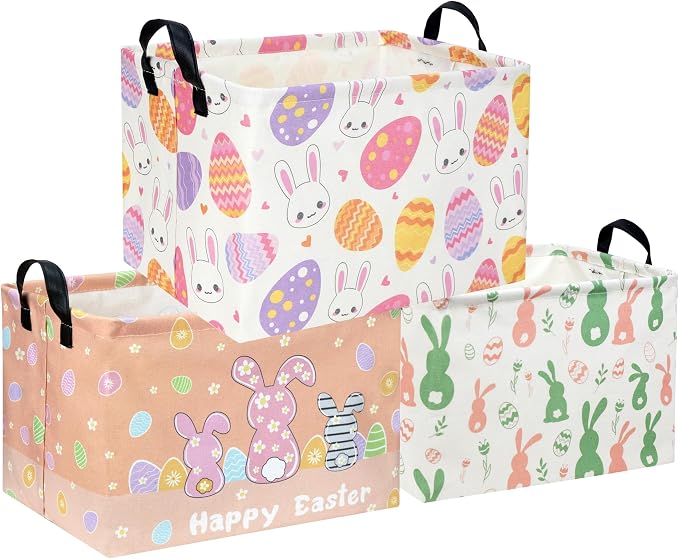 Rectangular 3Pack Easter Baskets Gift Bins Empty Pink Bunny Kids Storage Basket Baby Boy Baskets Kids Toy Storage Bin Organizer Box.(3Pack Easter Basket) by DDBASKET