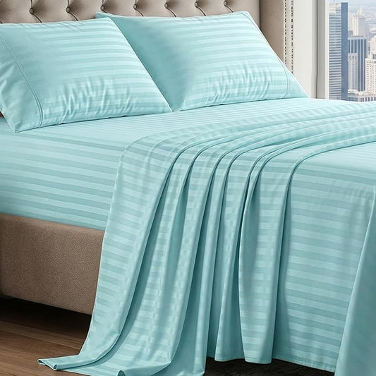 LANE LINEN 100% Egyptian Cotton Luxury Bedding Queen Sheet Set, Fade Resistant, No Pill, Naturally Cooling, Soft & Comfy Silky Smotth Sateen Weave Sheets Damask Stripe - Blue Sky