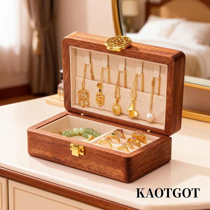 Travel Jewelry Case Small Wood Jewelry Organizer Jewelry Box for Women (Nut-Brown Print B) - Image 6