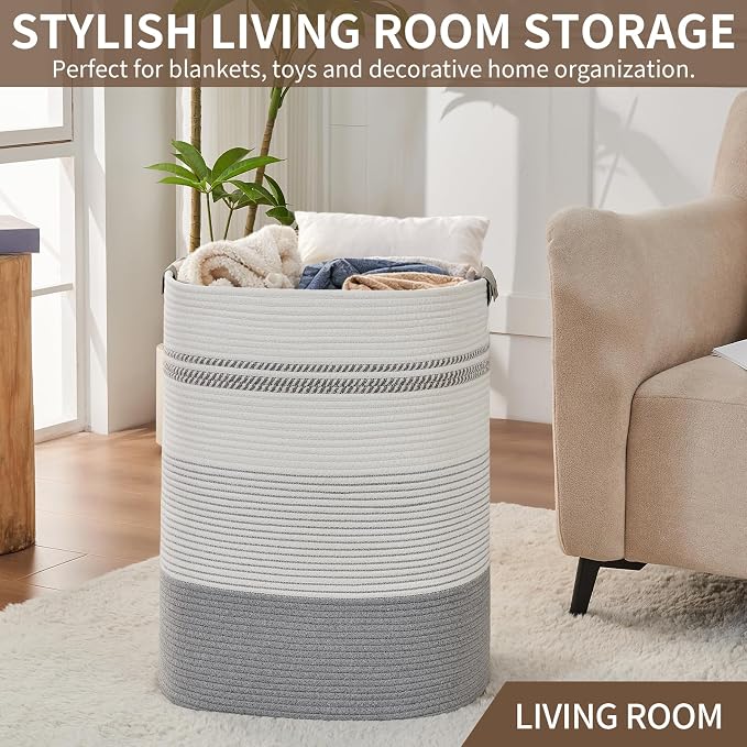 AINUOQI Laundry Basket with Handles - Blanket Basket & Hampers for Bedroom Aesthetic, Laundry Hamper & Blanket Storage for Living Room, Clothes Hamper, Tall, Large 17" x 14" x 22”, Grey - Image 7